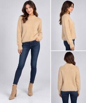 Sun and Moon Womens Pullover Sweater Funnel Neck Fuzzy Long Sleeve Knit Beige XS